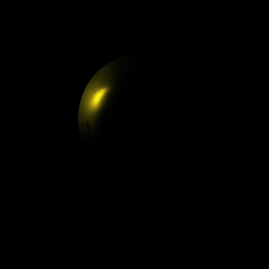 A dark, low-key photograph of spherical glass objects resting on a textured surface, with soft sepia-toned light catching their curves against deep charcoal shadow.
